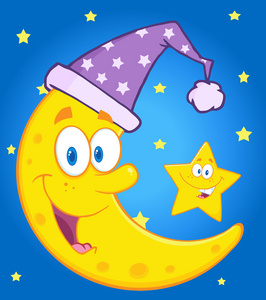 微笑新月与睡眠的帽子和快乐的小星星照片
