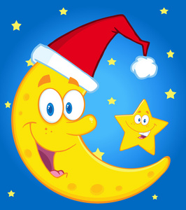 月亮与圣诞老人的帽子和明星