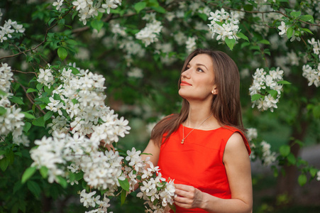 美丽的女人，白色春天开花的苹果树