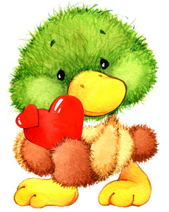 鸭的情人有趣的鸭和一颗心.情人节的水彩插图照片