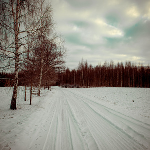 在冬天复古老式国家雪路