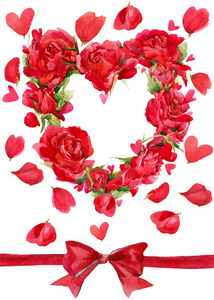 情人节那天。红色的心形的玫瑰。卡和祝贺花水彩背景