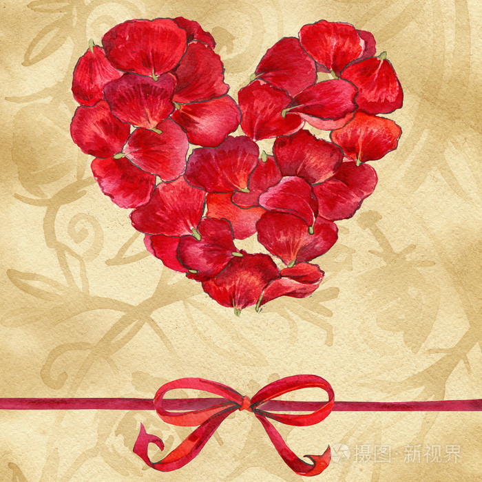 情人节那天.爱在老式的纸上的心.水彩