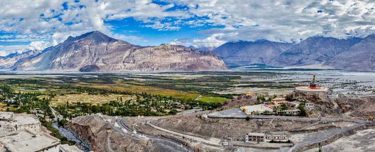 努布拉河谷在喜马拉雅山的全景