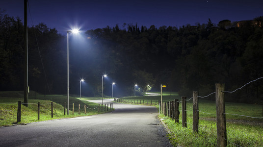 夜间道路曲线与路灯照片
