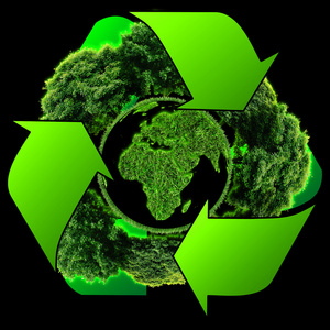 回收的标识与树和地球。生态循环标志地球仪