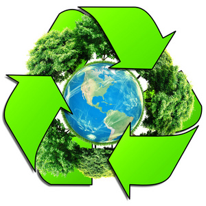 回收的标识与树和地球。生态循环标志地球仪