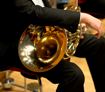 管乐器.圆号.垫铁.古典音乐的音乐会.大型交响乐队照片