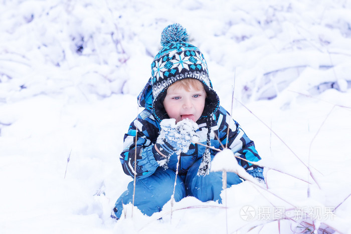 可爱的小孩男孩在冬季一天玩雪