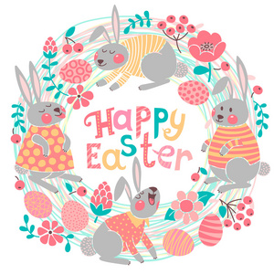 与可爱的兔子和彩蛋的快乐复活节贺卡