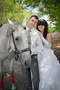 新郎和新娘在走在他们婚礼天反对一匹灰色的马