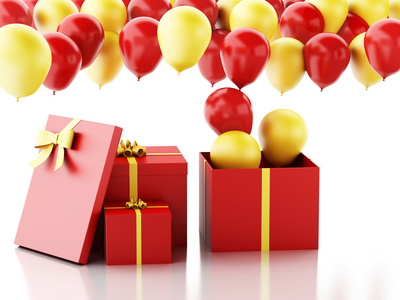 白色背景上的红色和黄色气球 3d 礼品盒