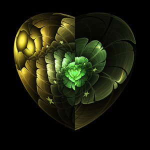 绿色花在孤立的分形心，数码艺术作品的创意图形设计