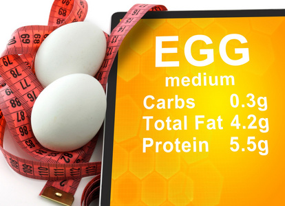 片的热量在鸡蛋和卷尺，白色背景上。营养成分表