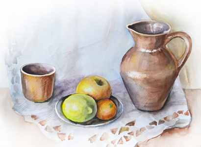 水彩静物的水罐和水果儿童图画水彩 "装饰静物用乐器静物与幼稚水彩画