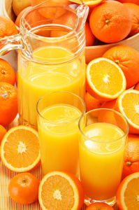 戴着眼镜的橙汁和水果组成