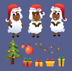 可爱的绵羊，用圣诞树和礼物一套