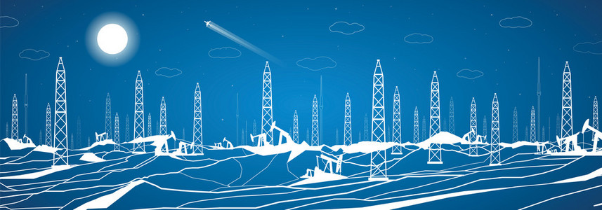 石油全景, 工业景观, 电厂, 矢量线设计照片