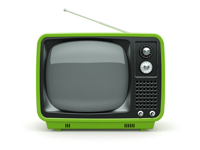 白色背景上的绿色复古电视