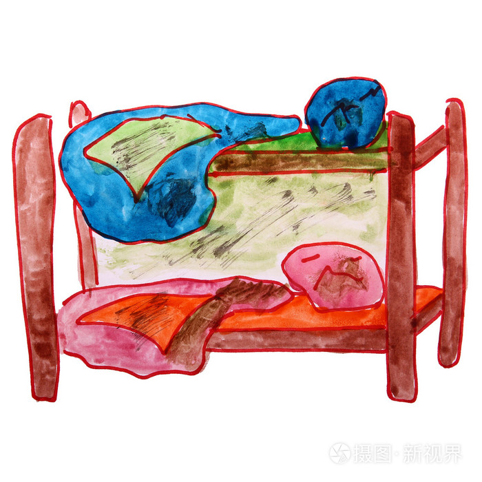 水彩绘画儿童床双层床卡通在白色的背景上