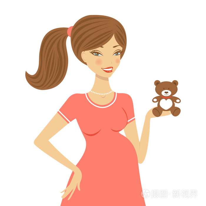 美丽的妈妈抱着玩具熊