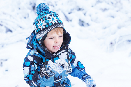 可爱的小孩男孩在冬季一天玩雪