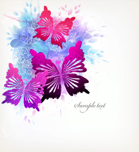 水彩花朵 蝴蝶和墨水