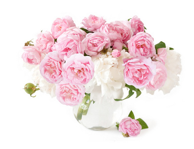 孤立在白色背景上的玫瑰和牡丹鲜花束