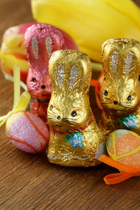 巧克力复活节兔子糖果 糖果 与郁金香