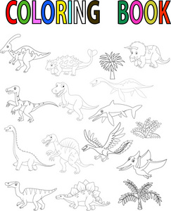 黑色轮廓涂鸦恐龙图纸恐龙一套带有小恐龙卡通收藏品的彩色书矢量插图