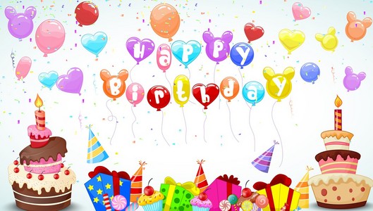 与卡通彩色气球和生日蛋糕的生日背景