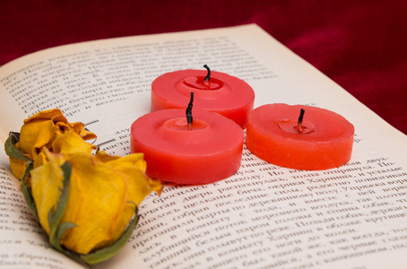 三红蜡烛和两个干躺在这本书上的黄玫瑰