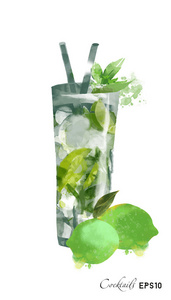 水彩 mojito 鸡尾酒