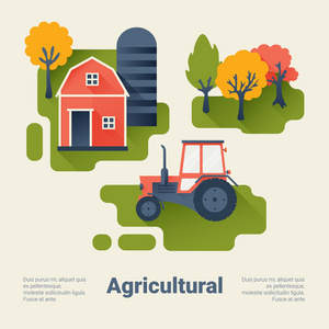 拖拉机和农场的谷仓。农业产业化的概念。平面样式与长长的影子。简洁的设计。矢量图