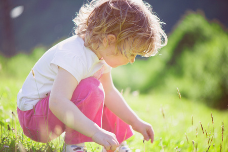 可爱的小女孩，在阳光明媚的草地上