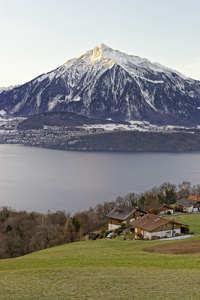 瑞士湖景附近 Thun Niesen 峰在冬天的景色