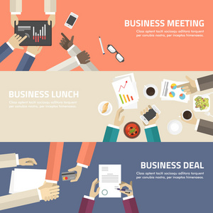 平面设计概念，商务会议 午餐 交易。矢量图为 web 横幅和宣传材料