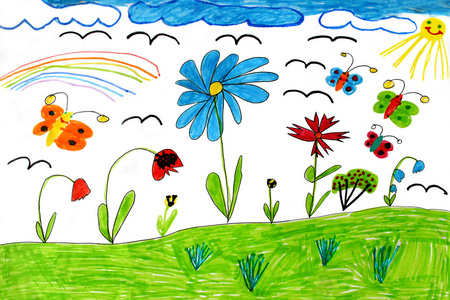 儿童画彩虹蝴蝶与花