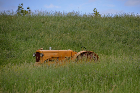 藏在草丛中的黄色拖拉机