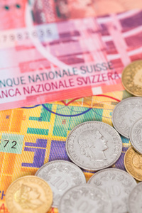瑞士钱瑞士法郎的和硬币特写 焦点