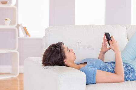 漂亮的黑发女人在沙发上发短信