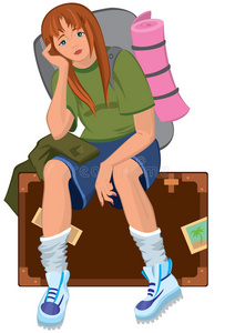 卡通年轻女人坐在带背包的棕色手提箱上