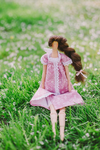 草地背景上的手工娃娃