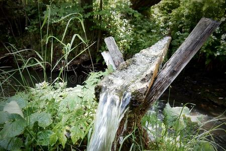 淡水在山涧上方的木槽中流动。