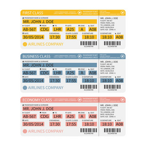 矢量航空公司旅客和行李登机牌带条形码的机票。