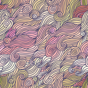 矢量颜色抽象手绘波浪和云朵图案，无缝插图