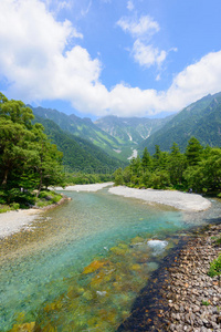 日本长野kamikochi的azusa河和hotaka山脉