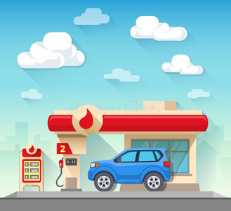 阴天前的加油站和汽车照片