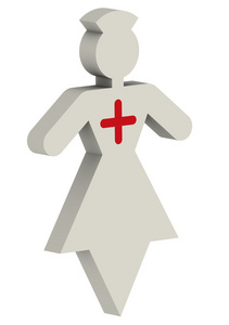 一位女性医生的象征,胸部上有一个医学十字架,站在白色的表面上.