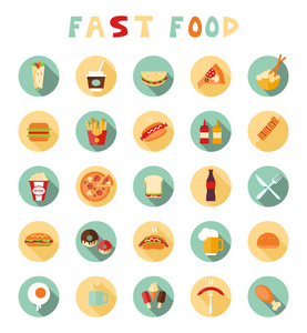 快餐食品丰富多彩的平面设计图标集